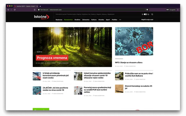 Startseite des Nachrichtenportals Istočne Vesti