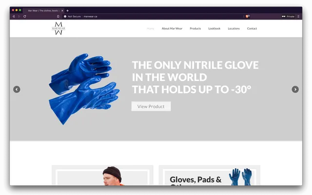 Startseite von MarWear Canada mit einem Banner für Nitrilhandschuhe